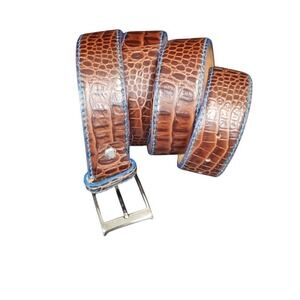 Roger Ximenez  XL Cognac Mock Croc Lamb Leather Belt Bright Navy Stitching Mens